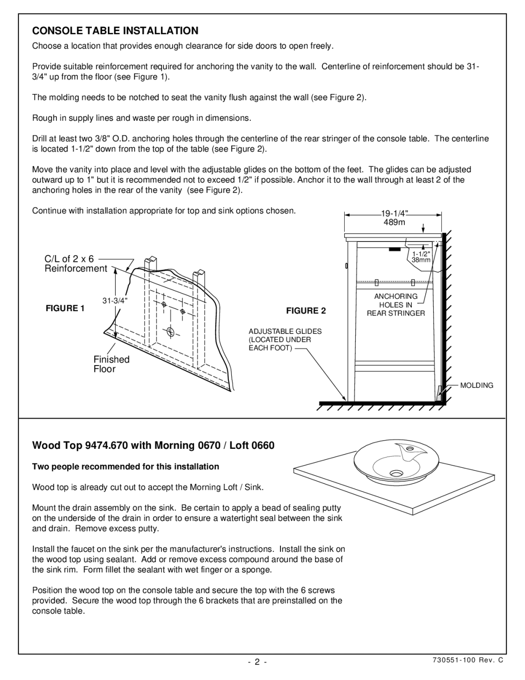 American Standard 9373.100 installation instructions Console Table Installation, Wood Top 9474.670 with Morning 0670 / Loft 