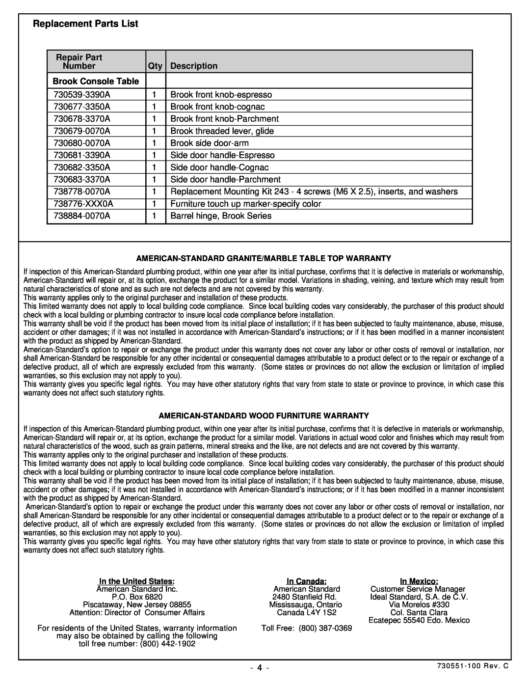 American Standard 9373.100 Replacement Parts List, Repair Part, Number, Description, Brook Console Table 