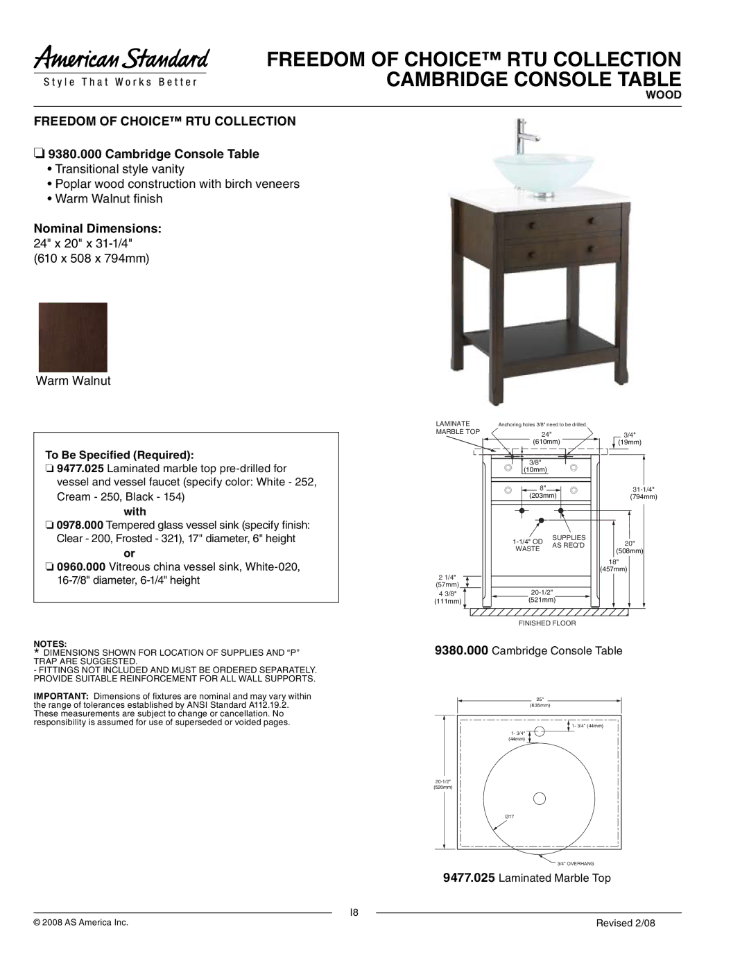 American Standard 9380.000 dimensions Freedom of Choice RTU Collection Cambridge Console Table 