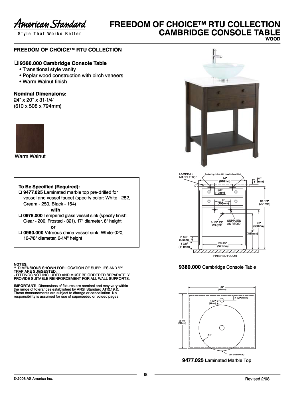 American Standard 9380.000 dimensions Freedom Of Choice Rtu Collection, Cambridge Console Table, Transitional style vanity 