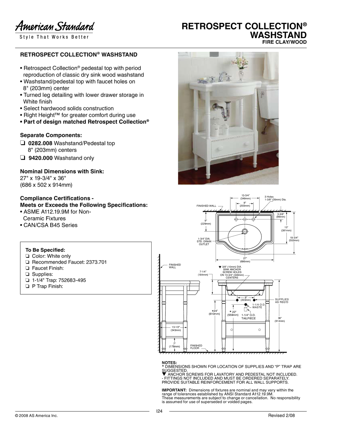 American Standard 9420.000 dimensions Retrospect Collection Washstand, To Be Specified 