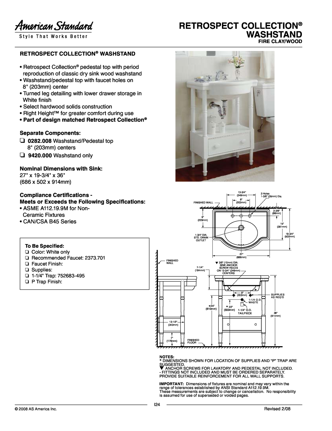 American Standard 9420.000 dimensions Retrospect Collection Washstand, Part of design matched Retrospect Collection 