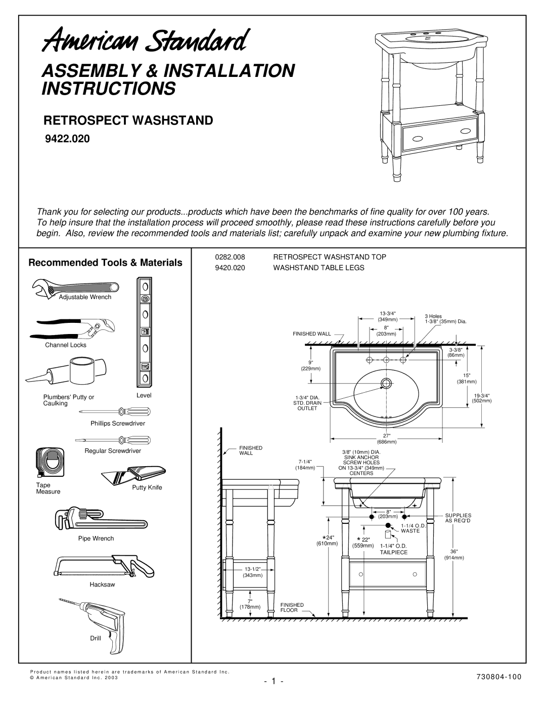 American Standard 9422.020 installation instructions Retrospect Washstand TOP, Washstand Table Legs 