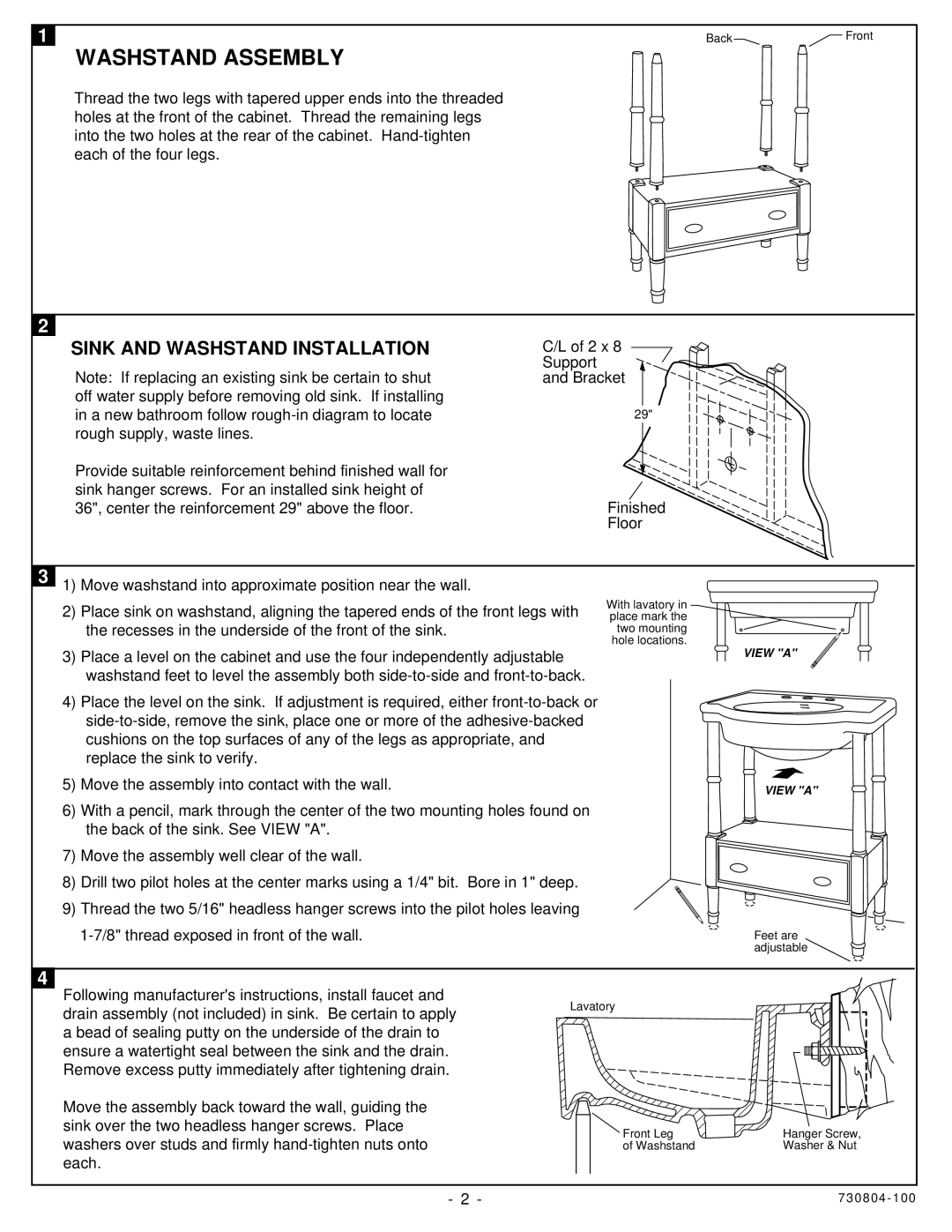 American Standard 9422.020 installation instructions Washstand Assembly, Sink and Washstand Installation 