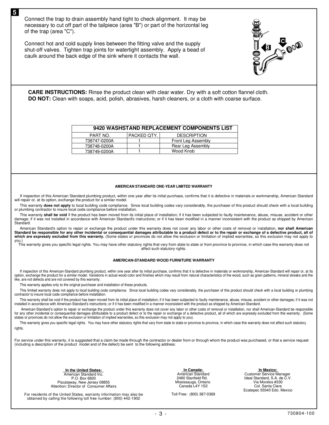 American Standard 9422.020 installation instructions Packed QTY Description, American Standard ONE-YEAR Limited Warranty 