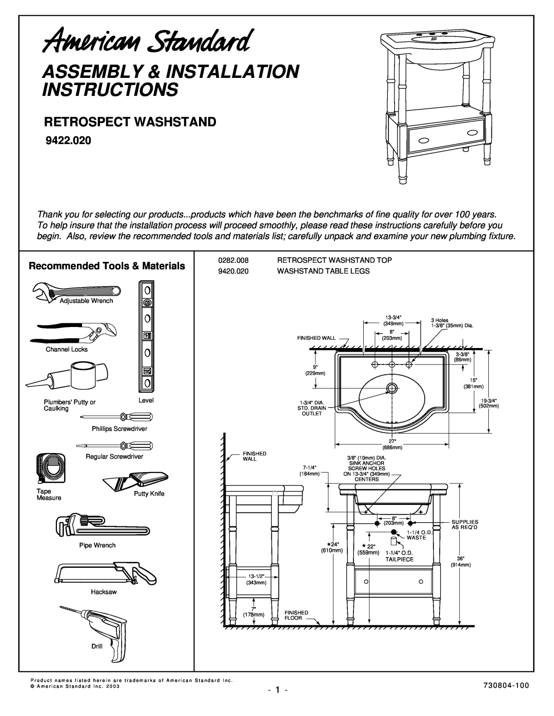 American Standard 9422.020 installation instructions Retrospect Washstand, Assembly & Installation Instructions 