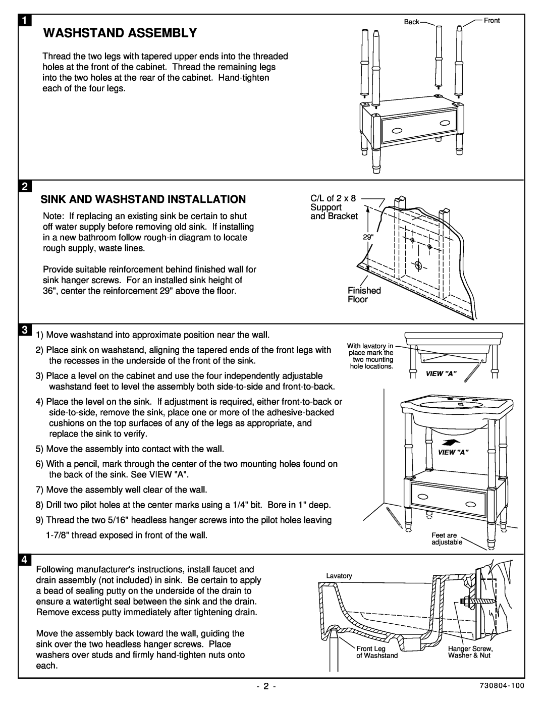 American Standard 9422.020 installation instructions Washstand Assembly, Sink And Washstand Installation 