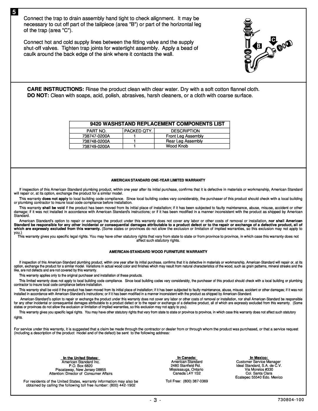 American Standard 9422.020 installation instructions Washstand Replacement Components List 