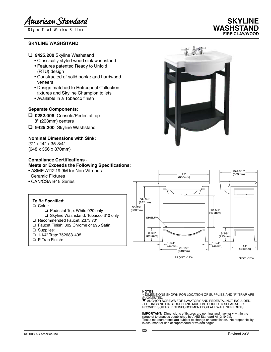 American Standard 0282.008, 9425.200 dimensions Skyline Washstand, To Be Specified 