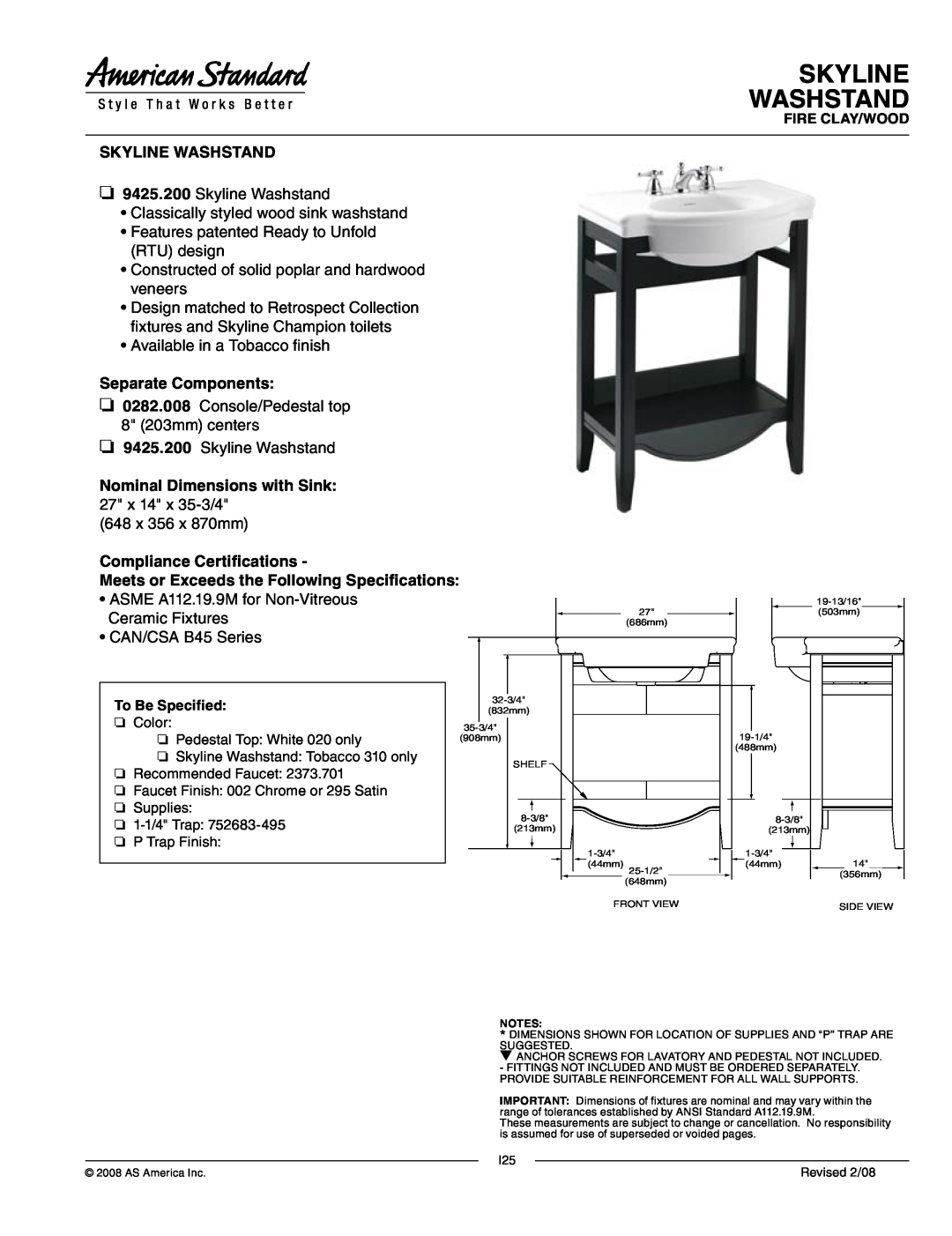 American Standard 0282.008, 9425.200 dimensions Skyline Washstand, Separate Components, Nominal Dimensions with Sink 
