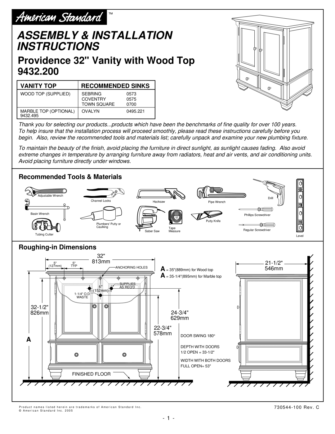 American Standard 9432.200 installation instructions Recommended Tools & Materials, Roughing-in Dimensions 