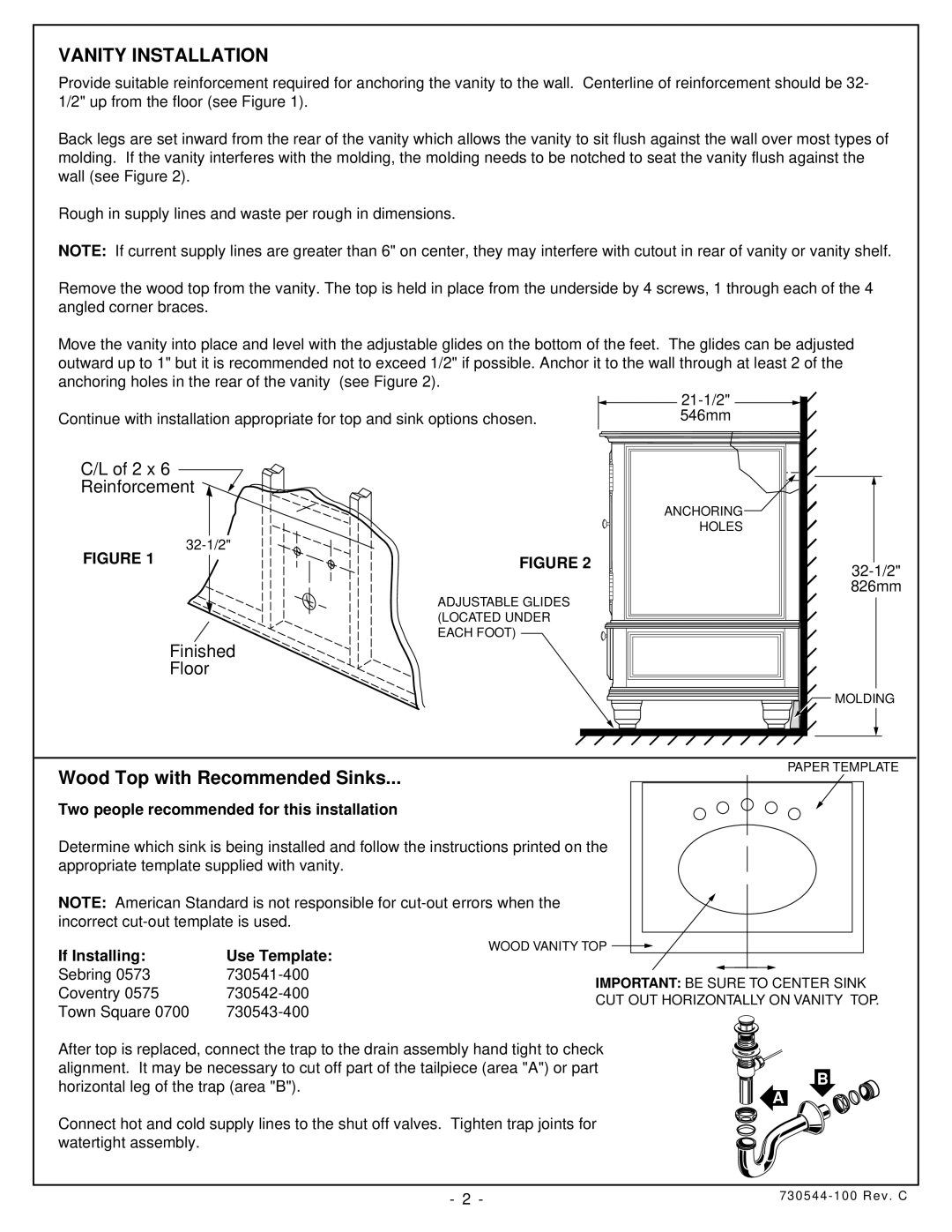 American Standard 9432.200 installation instructions Vanity Installation, Wood Top with Recommended Sinks 