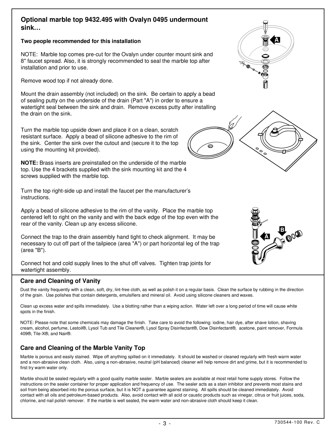 American Standard 9432.200 installation instructions Care and Cleaning of Vanity 