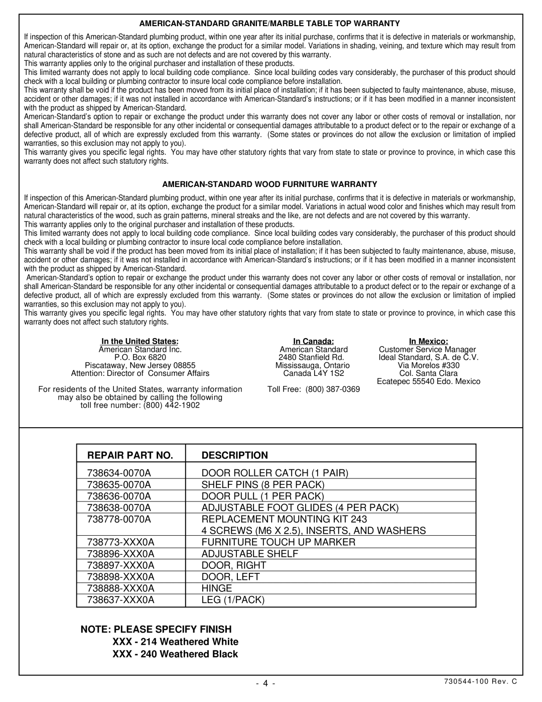 American Standard 9432.200 Repair Part no Description, AMERICAN-STANDARD GRANITE/MARBLE Table TOP Warranty 