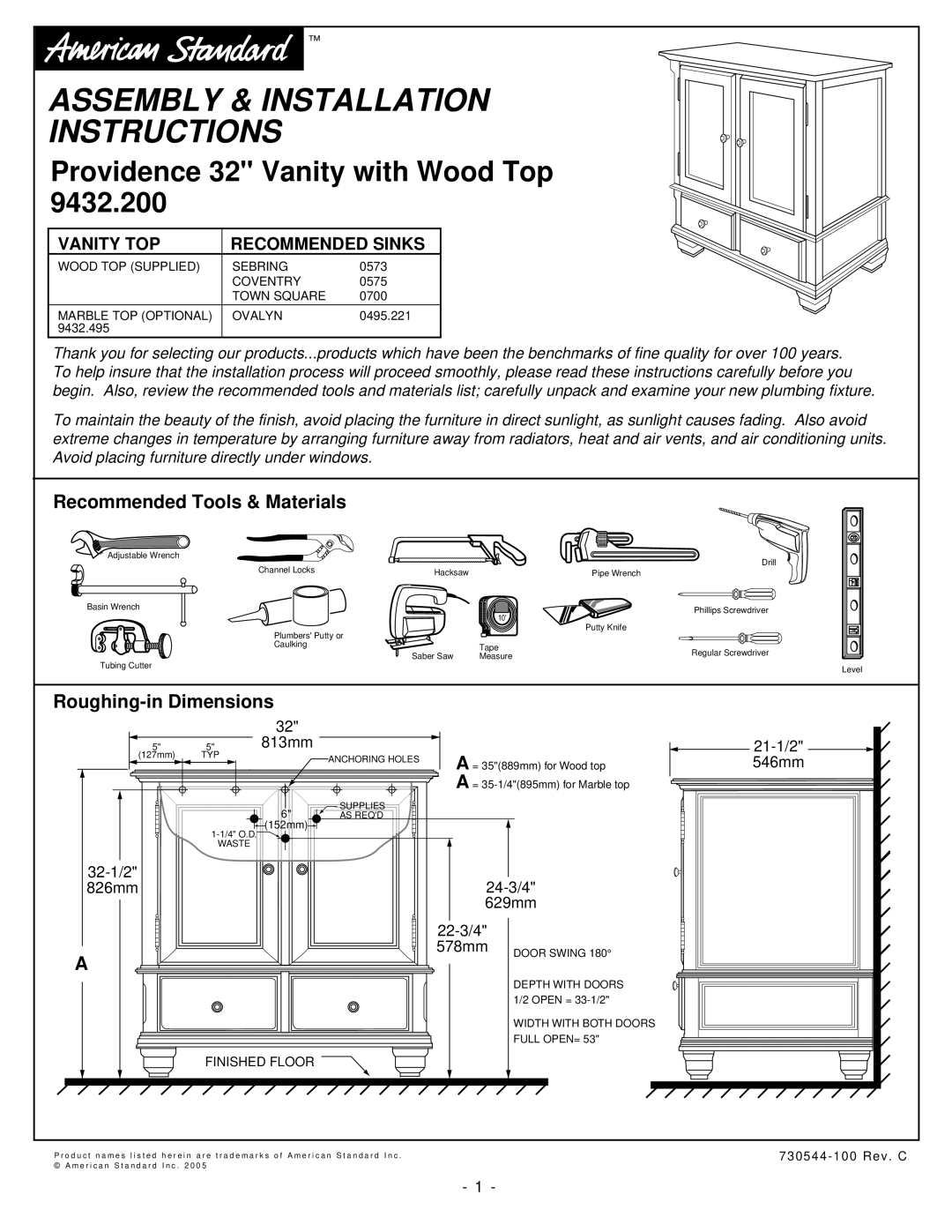 American Standard 9432.200 installation instructions Recommended Tools & Materials, Roughing-inDimensions, Vanity Top 
