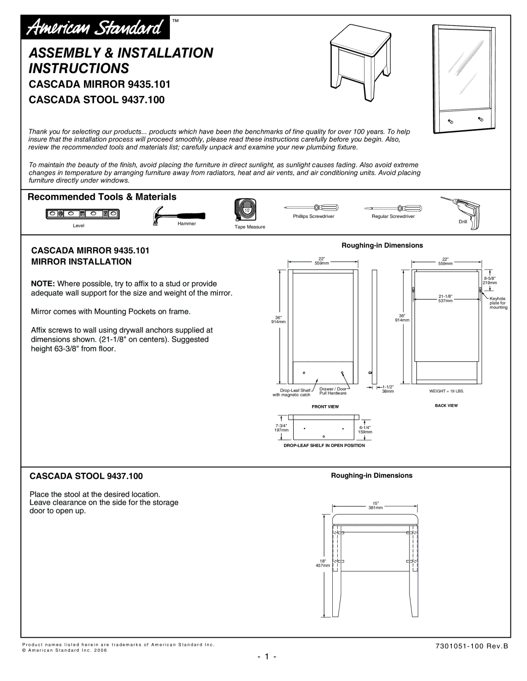 American Standard 9437.100 installation instructions Assembly & Installation Instructions, Cascada Mirror Cascada Stool 