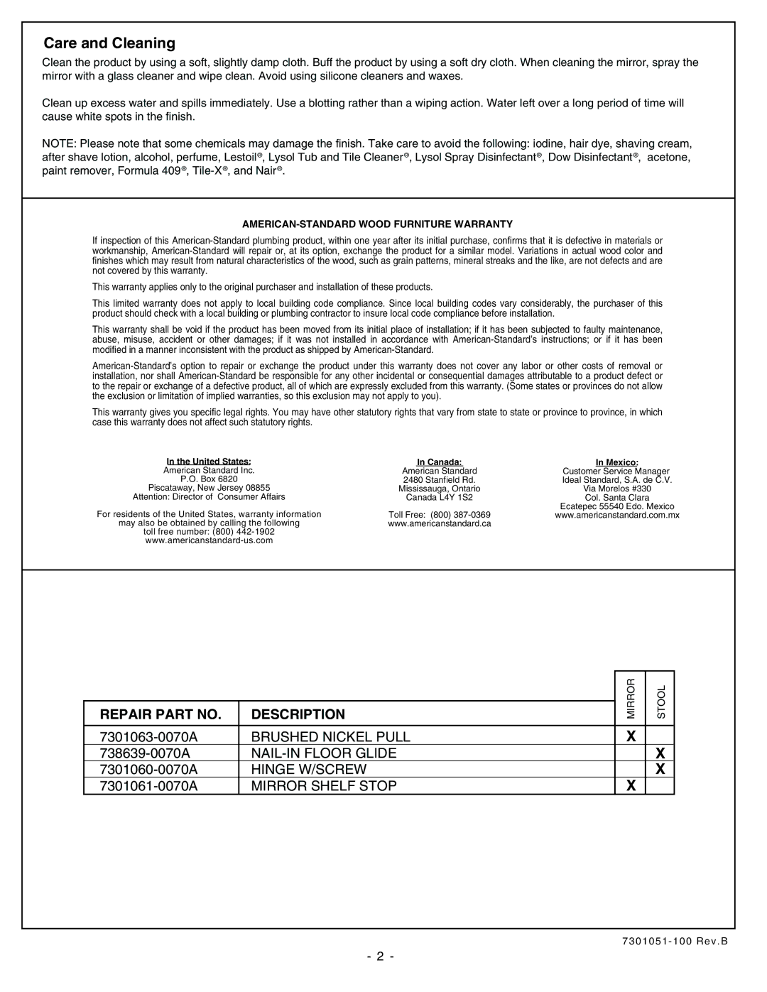 American Standard 9435.101 Care and Cleaning, Repair Part no Description, AMERICAN-STANDARD Wood Furniture Warranty 