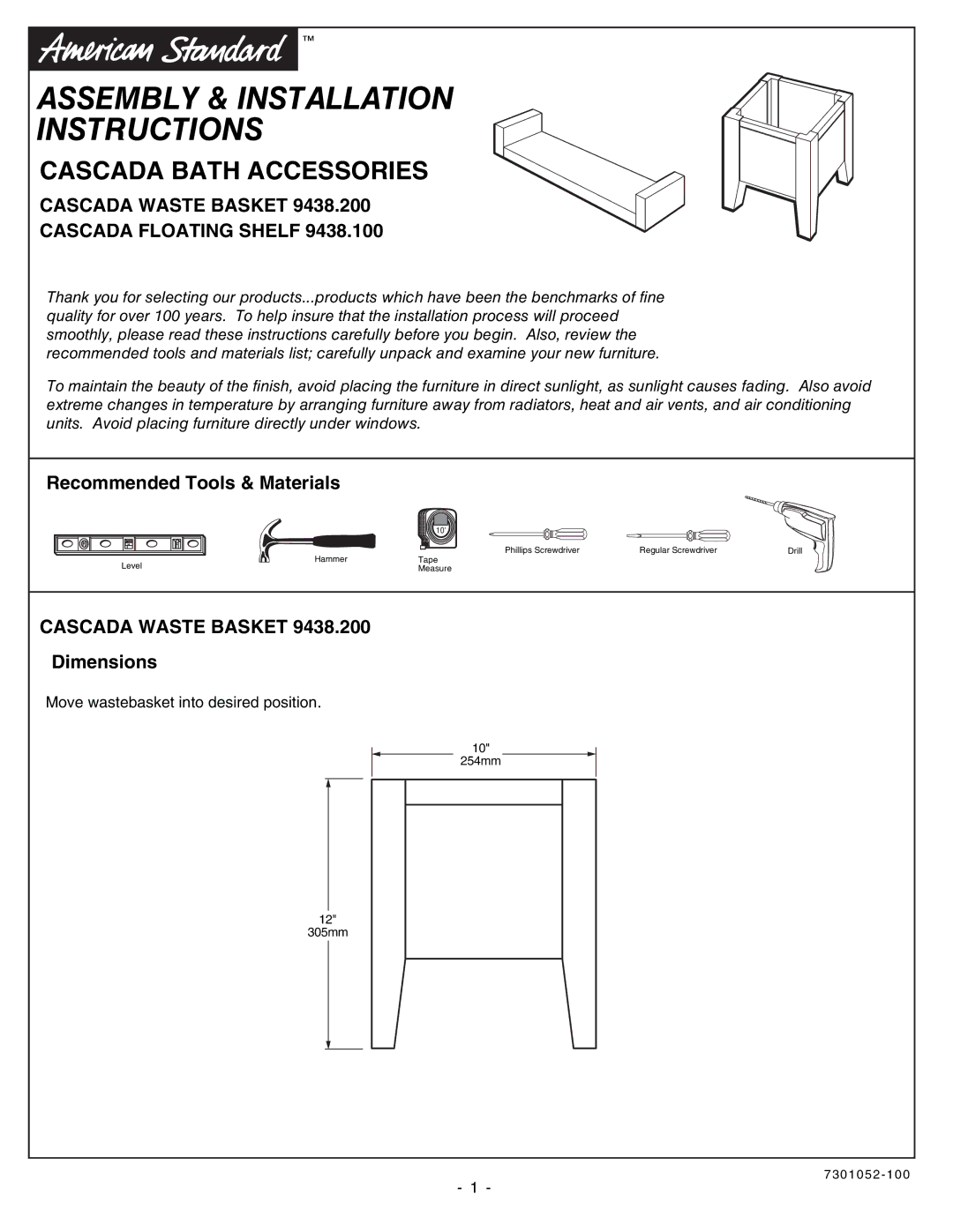 American Standard 9438.200 installation instructions Assembly & Installation Instructions, Cascada Bath Accessories 