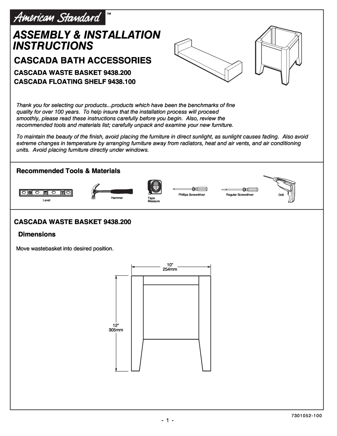 American Standard 9438.200 installation instructions Cascada Waste Basket Cascada Floating Shelf, Cascada Bath Accessories 