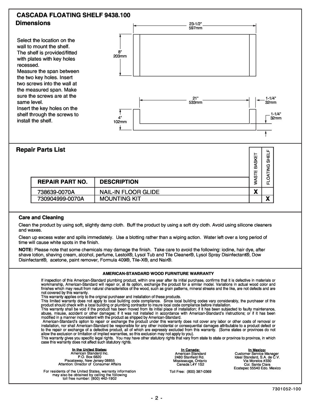 American Standard 9438.100 CASCADA FLOATING SHELF Dimensions, Repair Parts List, Repair Part No, Description, 738639-0070A 