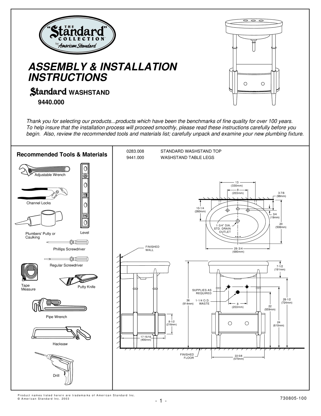 American Standard 9440.000 installation instructions Standard Washstand TOP, Washstand Table Legs 