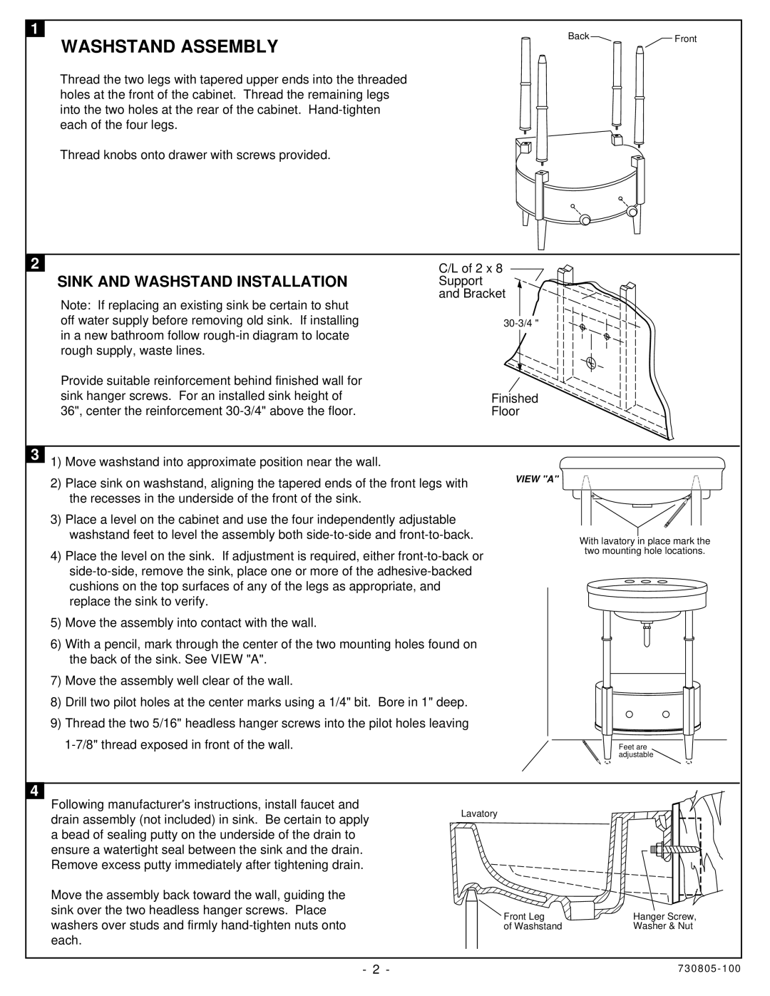 American Standard 9440.000 installation instructions Washstand Assembly 