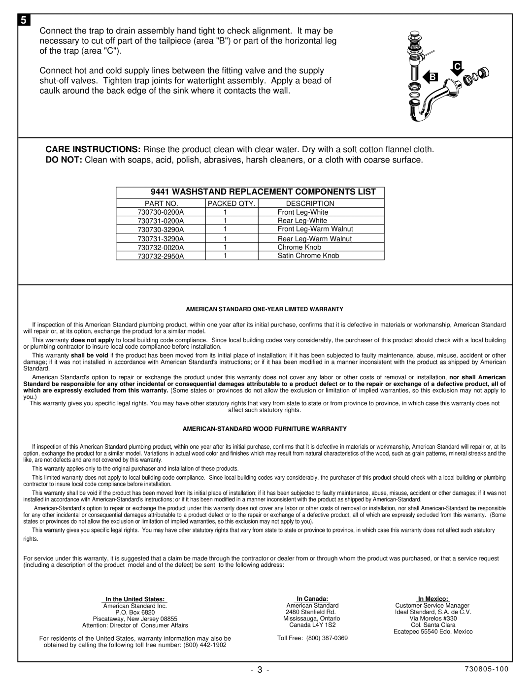 American Standard 9440.000 installation instructions Packed QTY Description, American Standard ONE-YEAR Limited Warranty 