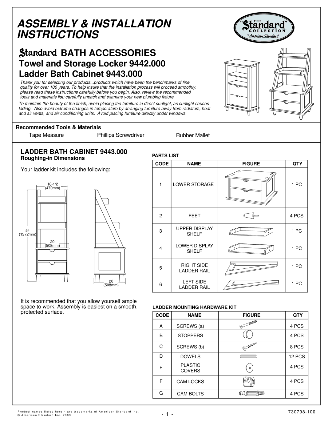 American Standard 9443.000, 9442.000 installation instructions Ladder Bath Cabinet, Recommended Tools & Materials 