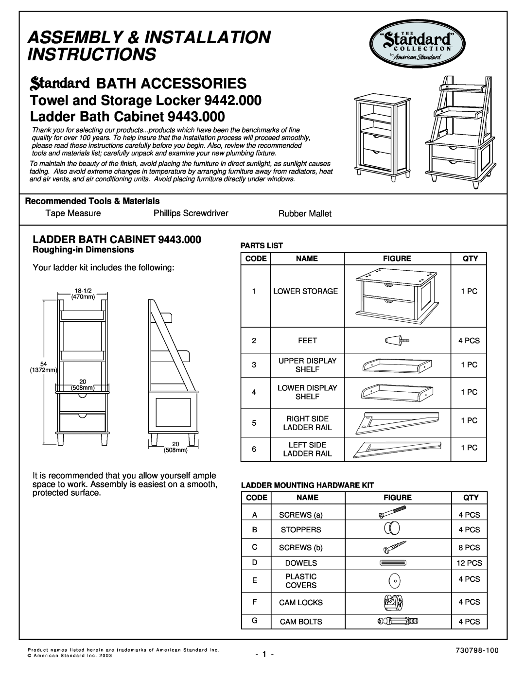 American Standard 9443.000 installation instructions Ladder Bath Cabinet, Recommended Tools & Materials, Bath Accessories 