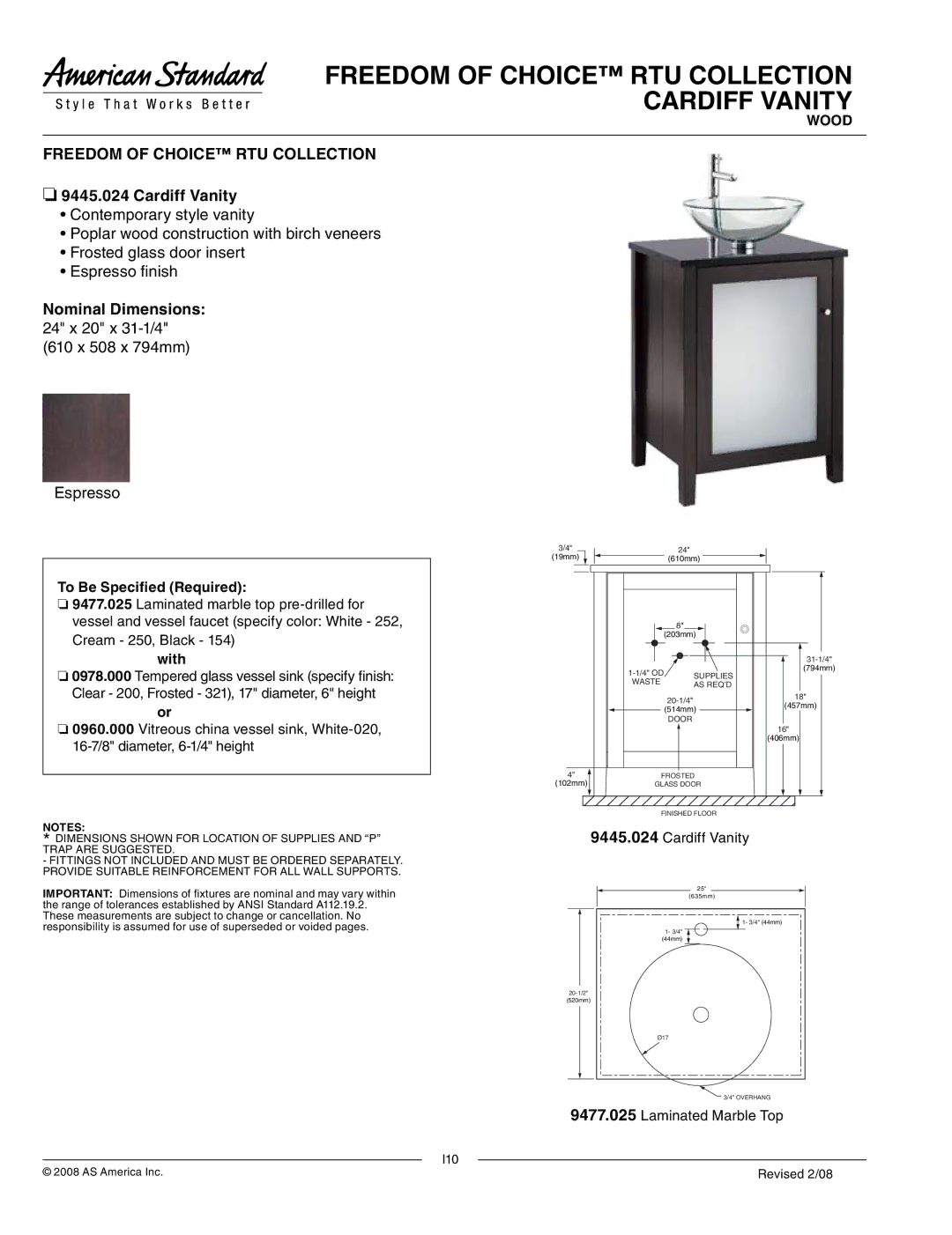 American Standard 9477.025, 9445.024, 0978.000 dimensions Freedom of Choice RTU Collection cardiff vanity, Cardiff Vanity 