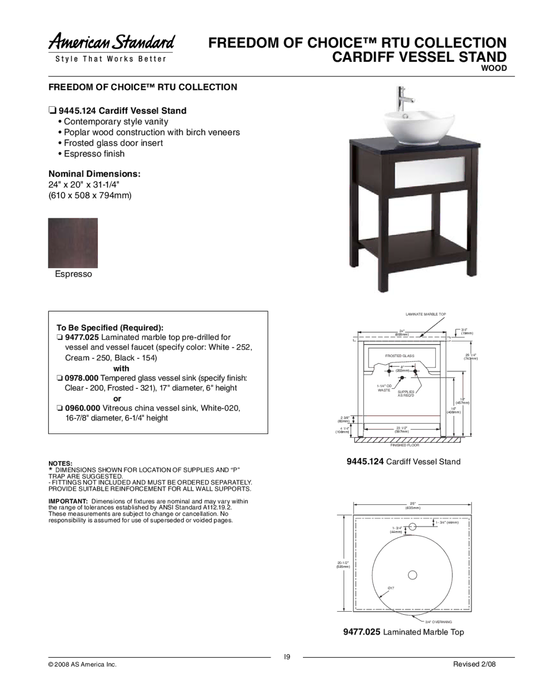 American Standard 9445.124 dimensions Freedom of Choice RTU Collection Cardiff Vessel Stand, 610 x 508 x 794mm Espresso 