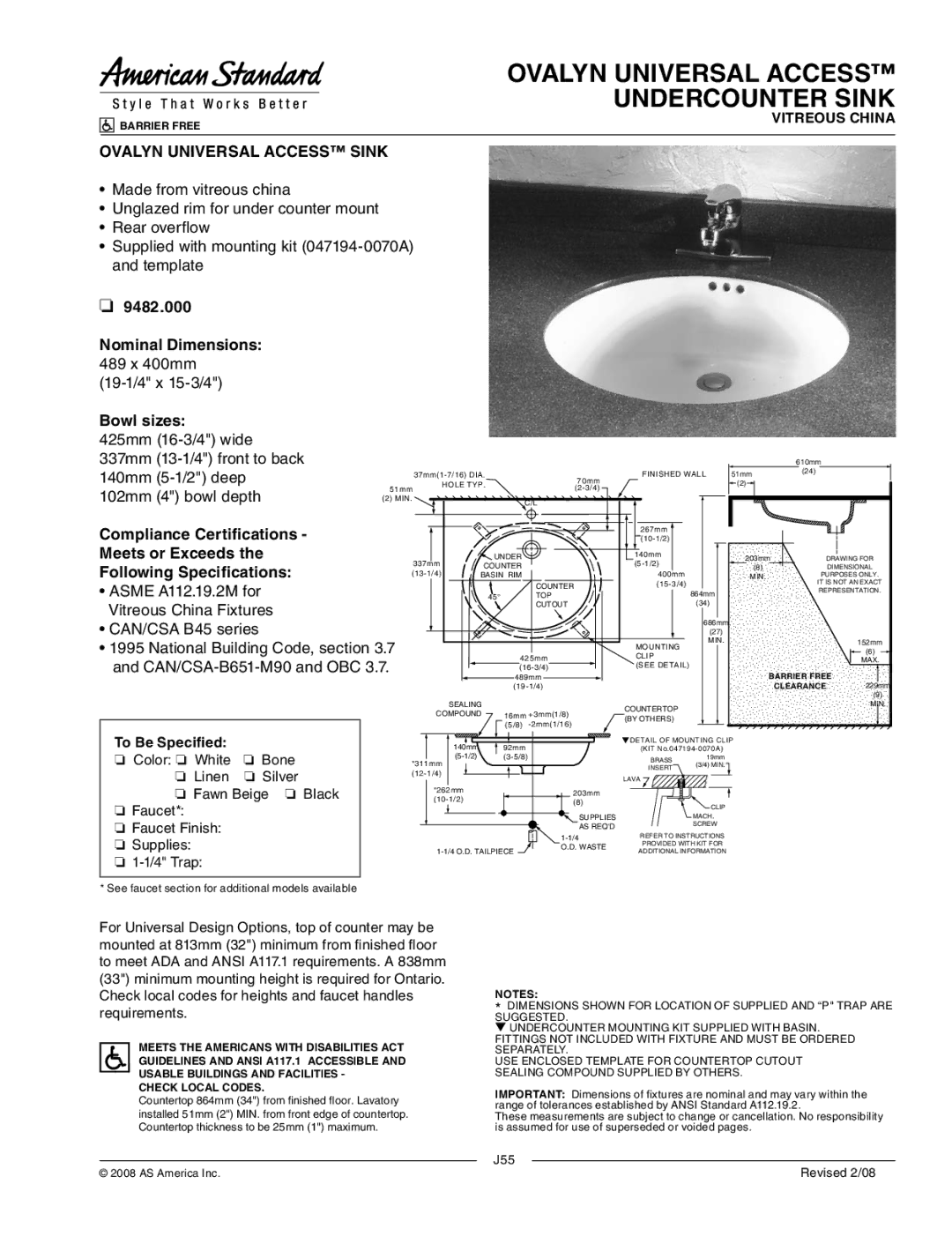 American Standard 9482.000 dimensions Ovalyn Universal Access Undercounter Sink, Ovalyn Universal Access Sink 