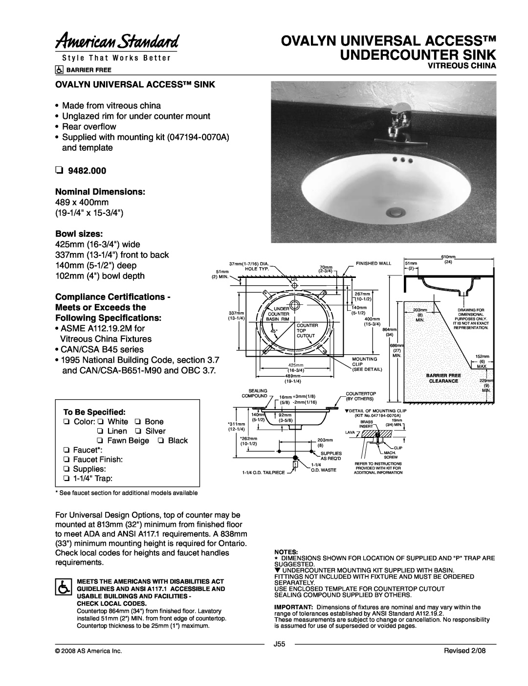 American Standard 9482.000 dimensions Ovalyn Universal Access Undercounter Sink, Ovalyn Universal Access Sink, Bowl sizes 