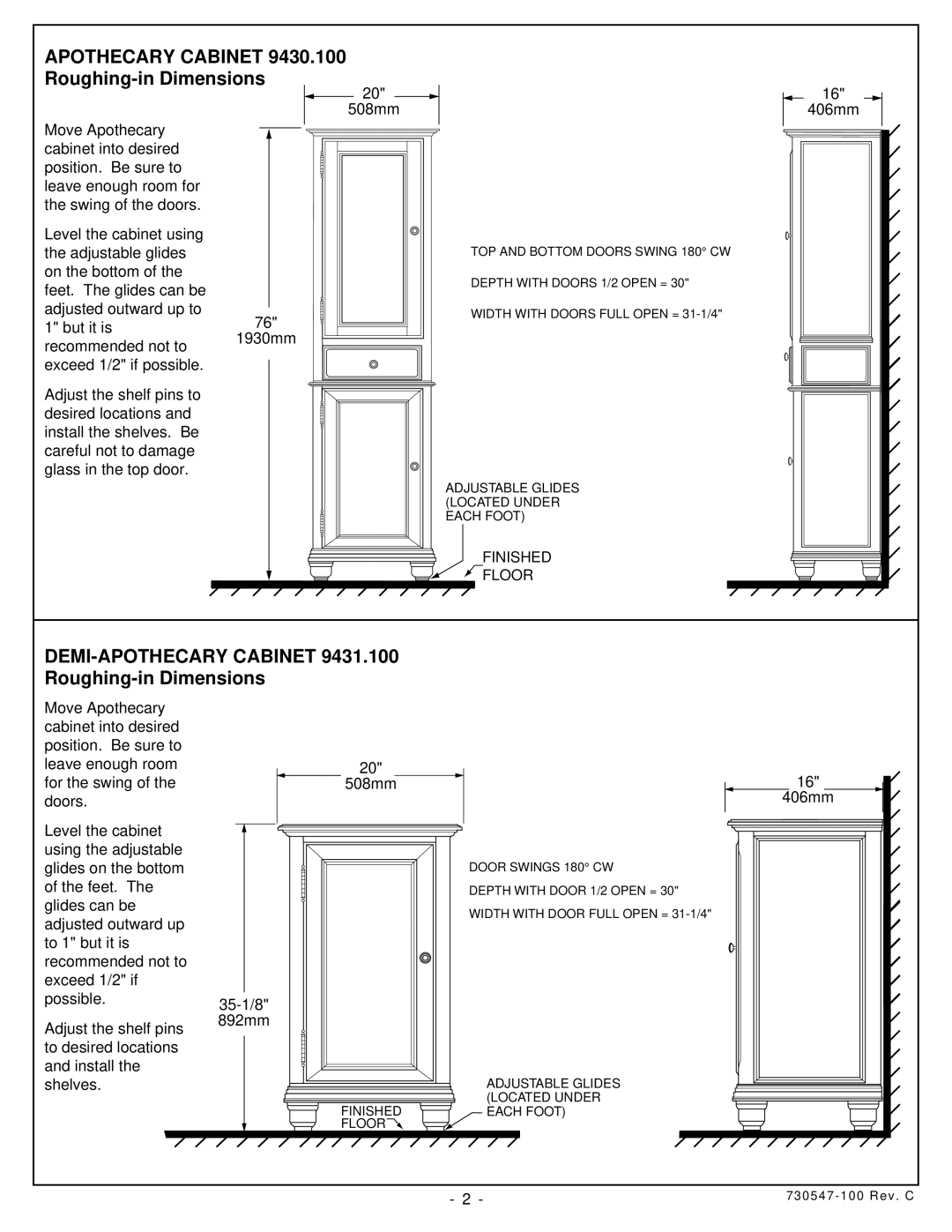 American Standard 9431.100, 9486.101, 9430.100 Apothecary Cabinet, Roughing-in Dimensions, DEMI-APOTHECARY Cabinet 