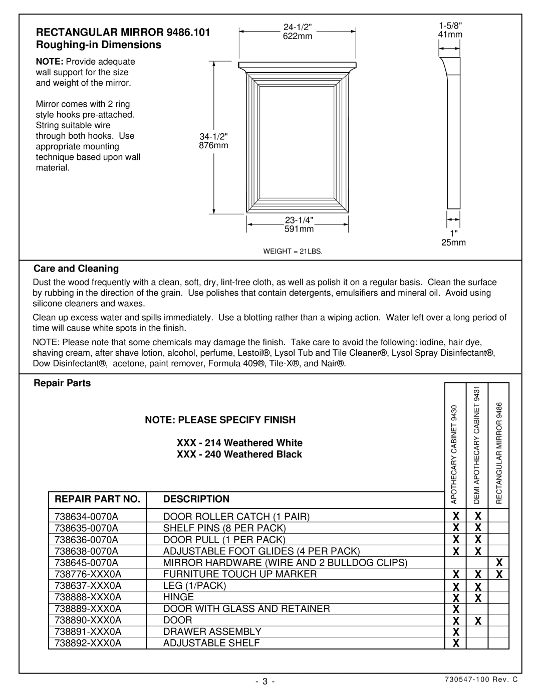 American Standard 9430.100, 9431.100 installation instructions Rectangular Mirror 9486.101 Roughing-in Dimensions, X X 