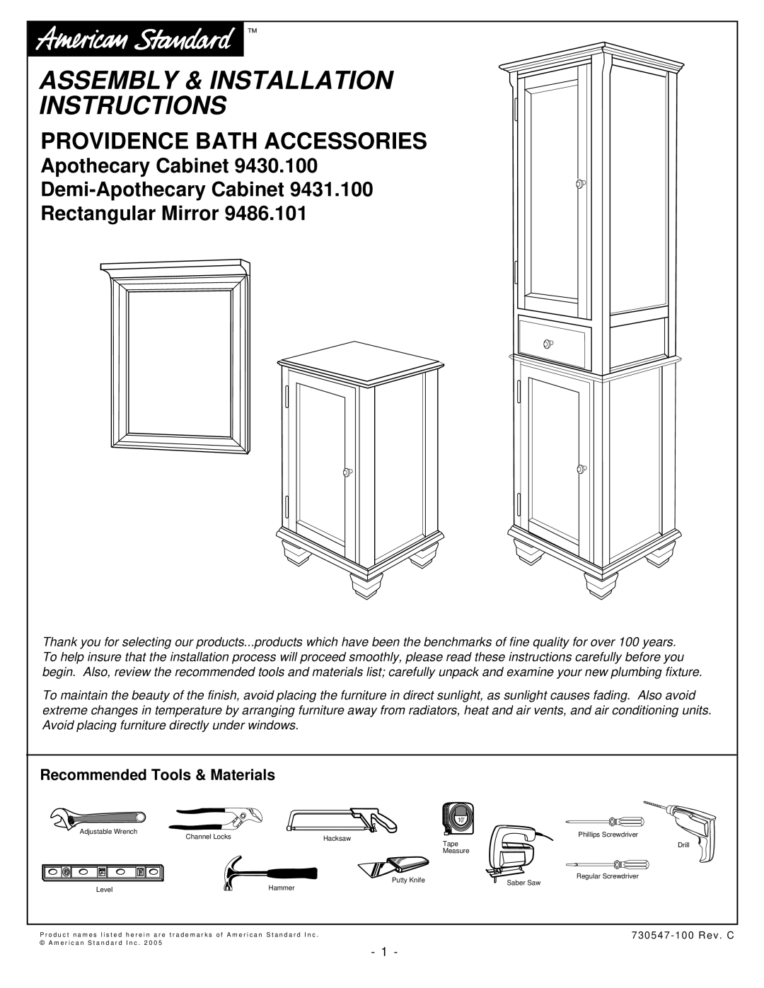 American Standard 9430.100 installation instructions Recommended Tools & Materials, Assembly & Installation Instructions 