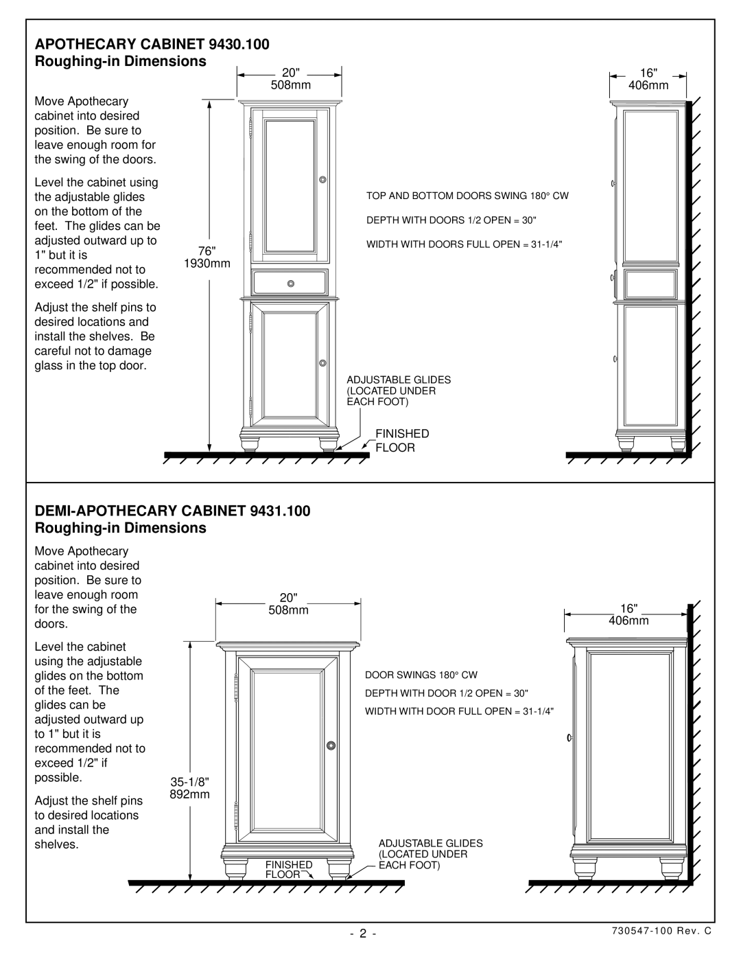 American Standard 9431.100, 9486.101, 9430.100 installation instructions DEMI-APOTHECARY CABINET Roughing-in Dimensions 