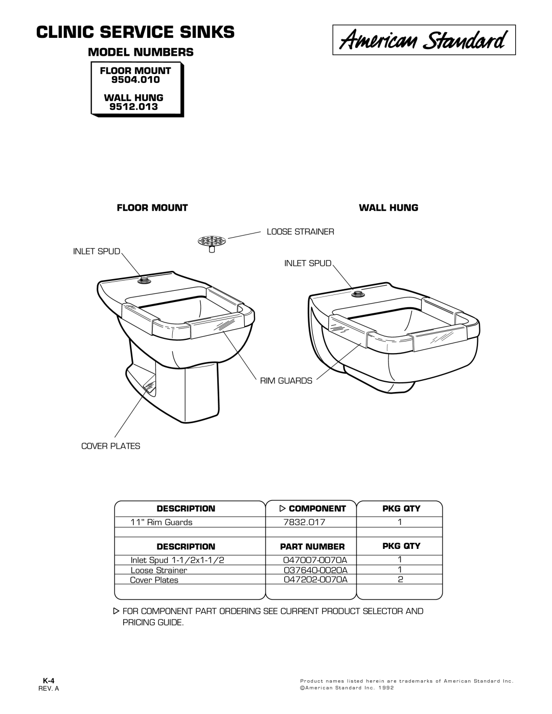 American Standard 9512.013, 9504.010 manual Clinic Service Sinks, Model Numbers, Floor Mount Wall Hung 