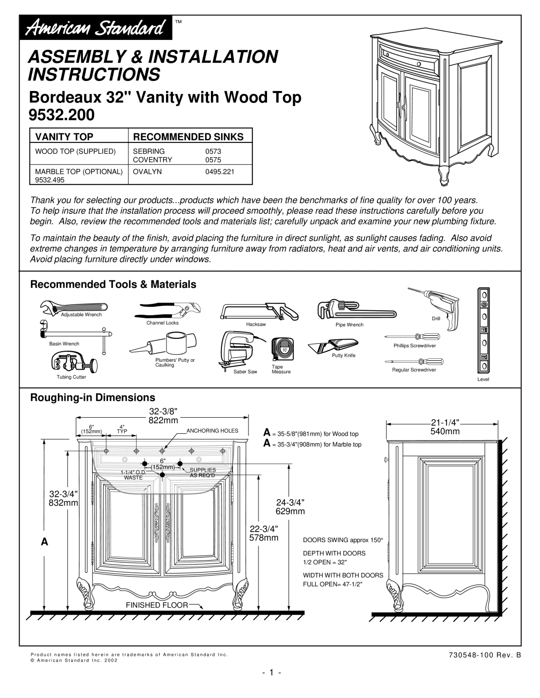 American Standard 9532.200 installation instructions Recommended Tools & Materials, Roughing-in Dimensions 