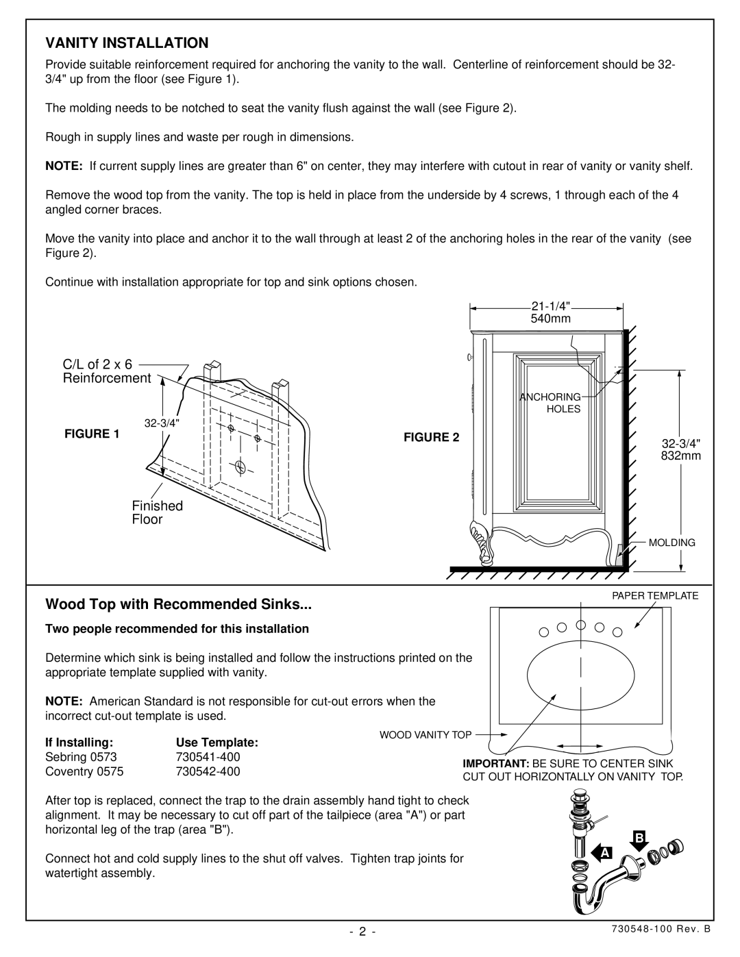 American Standard 9532.200 installation instructions Vanity Installation, Wood Top with Recommended Sinks 