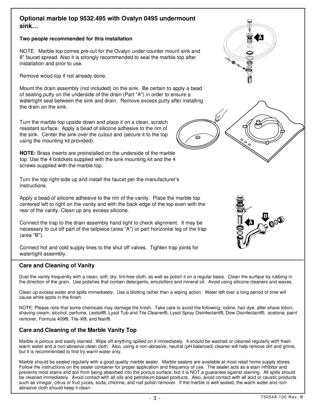 American Standard 9532.200 installation instructions Care and Cleaning of Vanity 