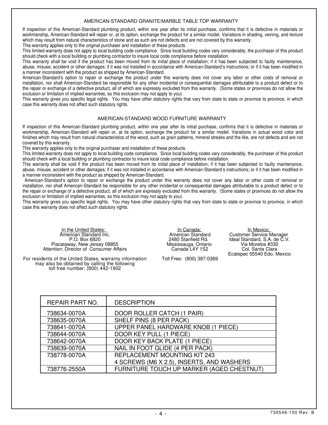 American Standard 9532.200 Repair Part no Description, AMERICAN-STANDARD GRANITE/MARBLE Table TOP Warranty 