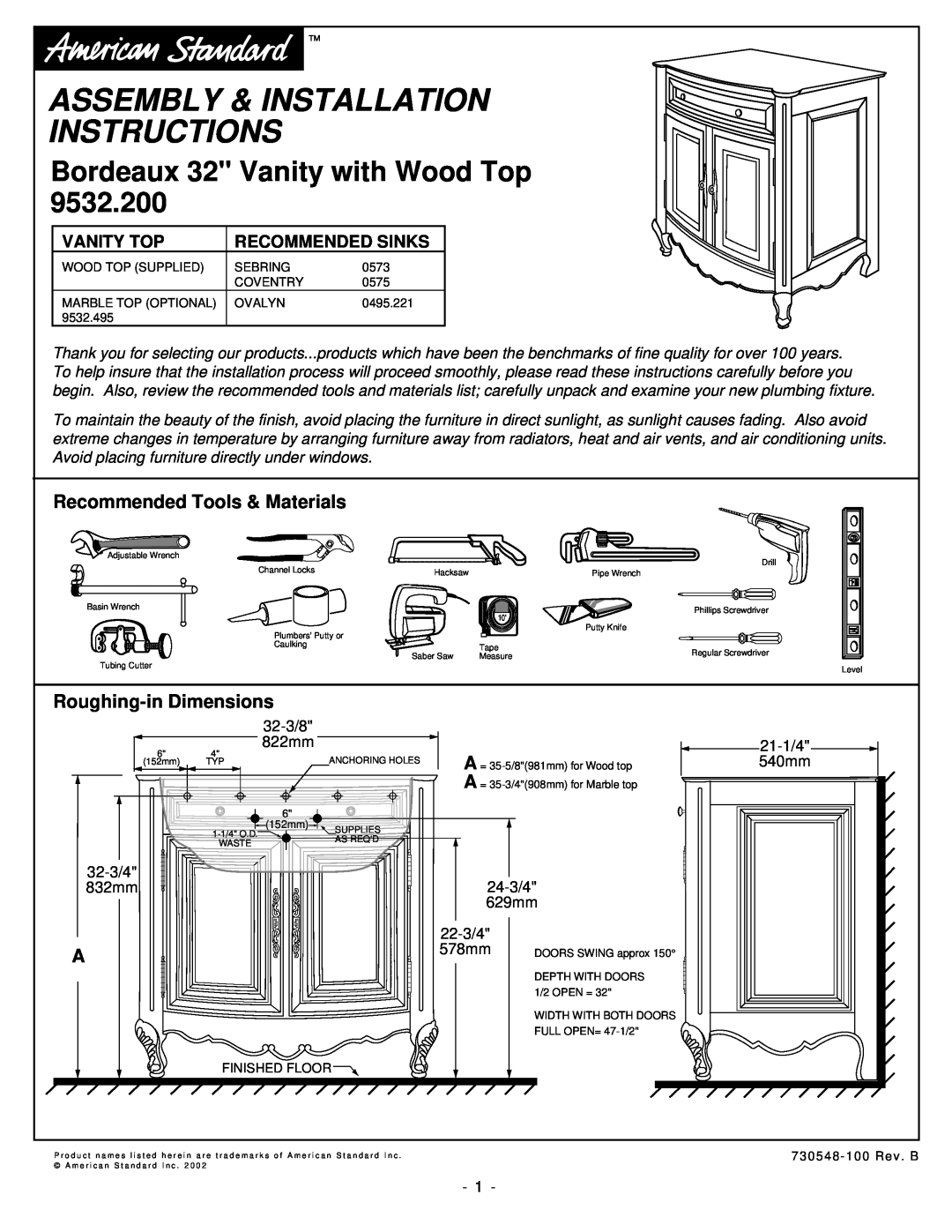 American Standard 9532.200 installation instructions Recommended Tools & Materials, Roughing-inDimensions, Vanity Top 