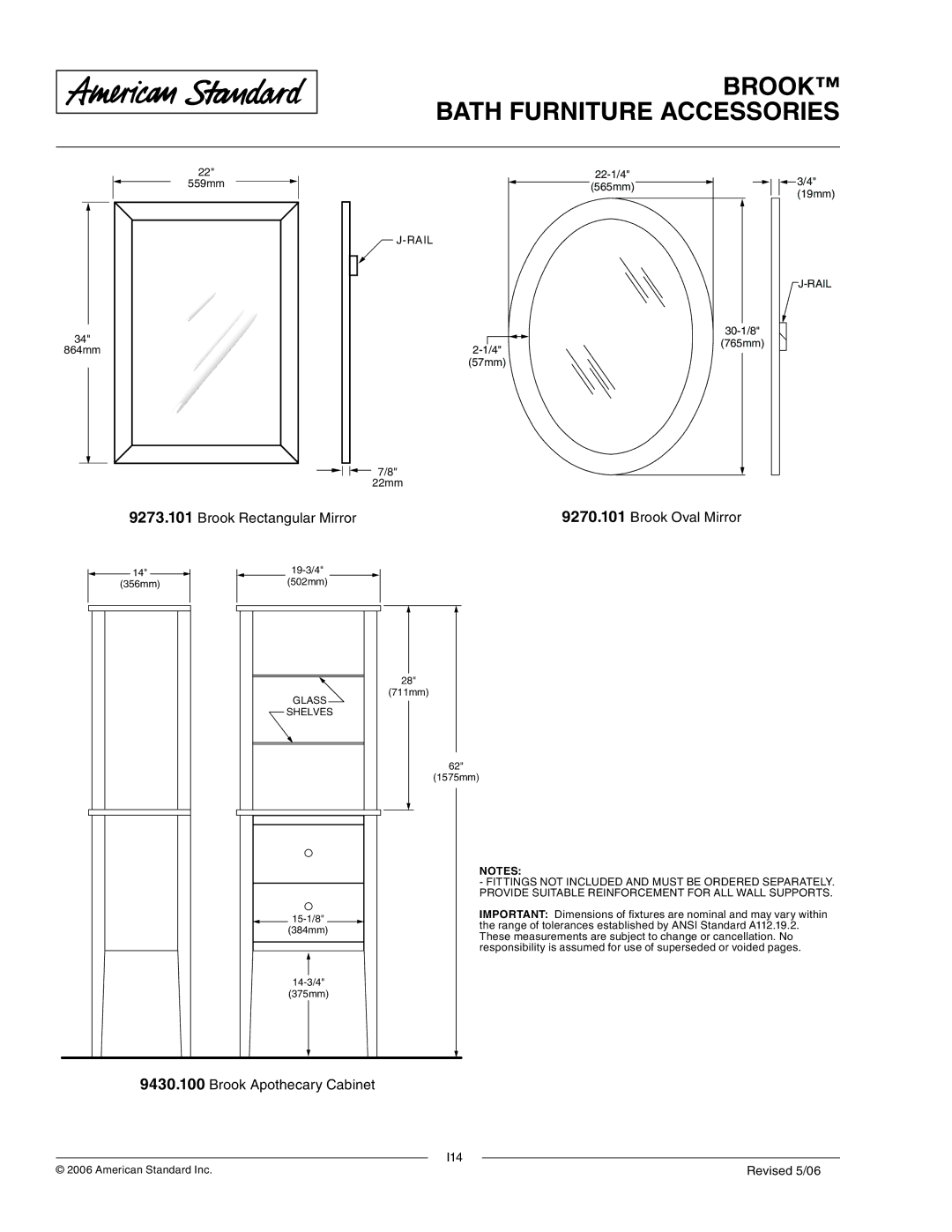 American Standard 9270.101, 9574.100, 9273.101 dimensions Brook Rectangular Mirror Brook Oval Mirror 