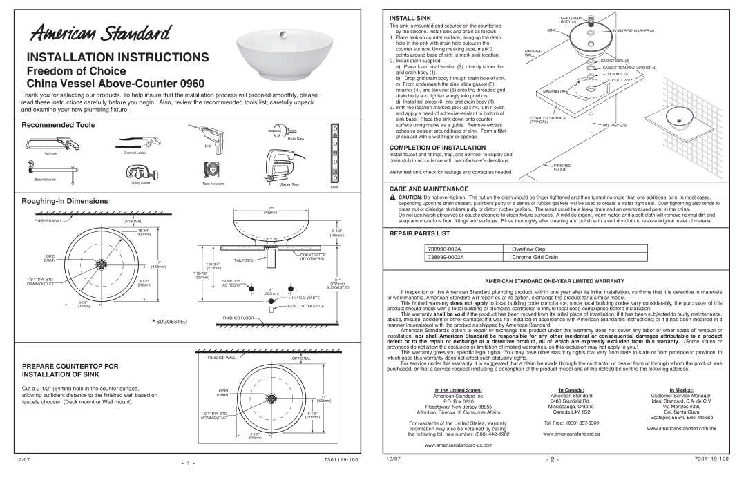 American Standard 960 installation instructions Recommended Tools, Roughing-in Dimensions 