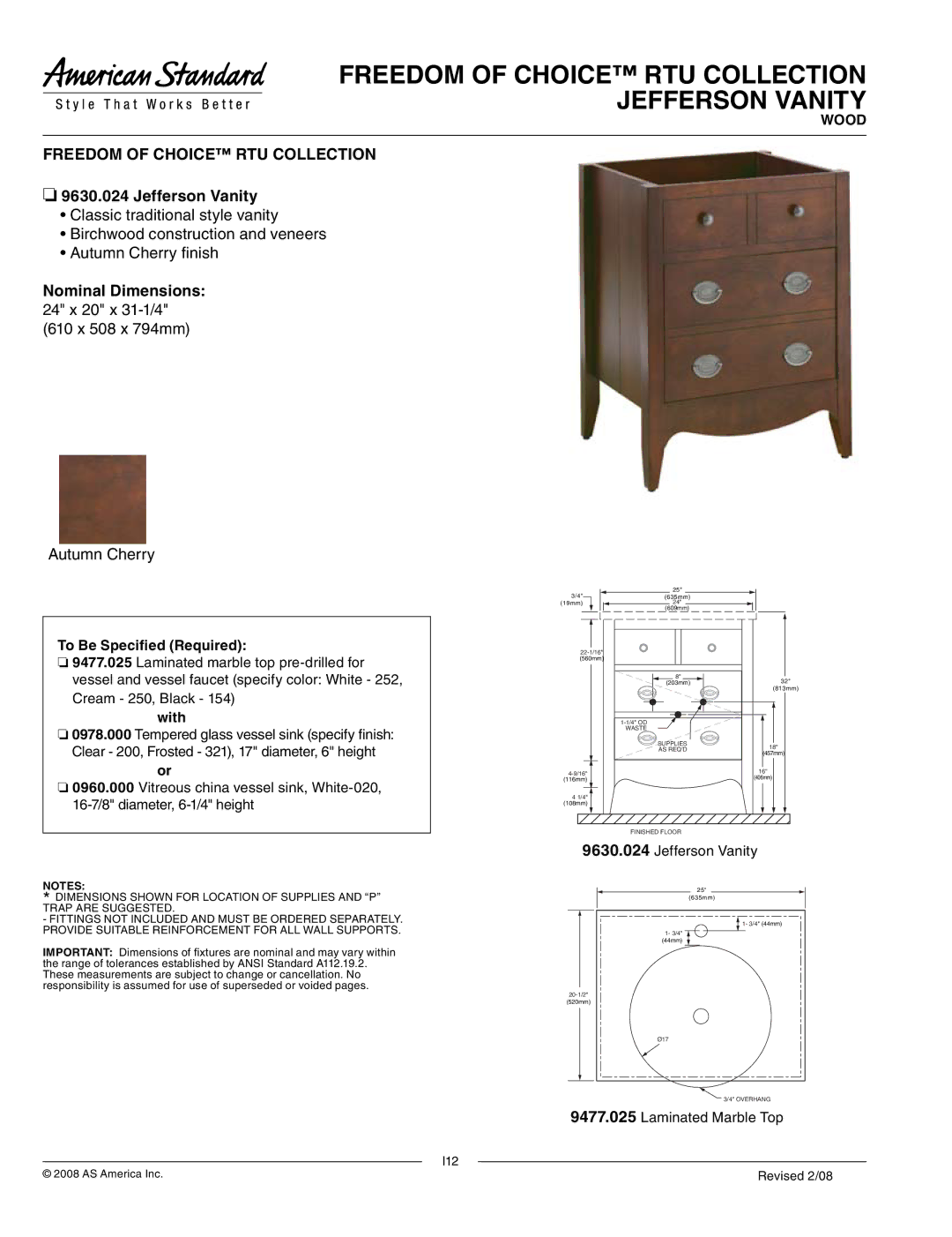 American Standard 9630.024 dimensions Freedom of Choice RTU Collection Jefferson Vanity, 610 x 508 x 794mm Autumn Cherry 