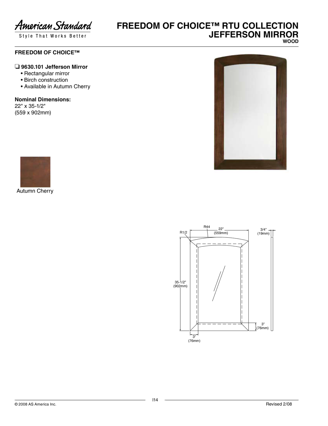 American Standard 9630.101 dimensions Freedom of Choice RTU Collection Jefferson Mirror 