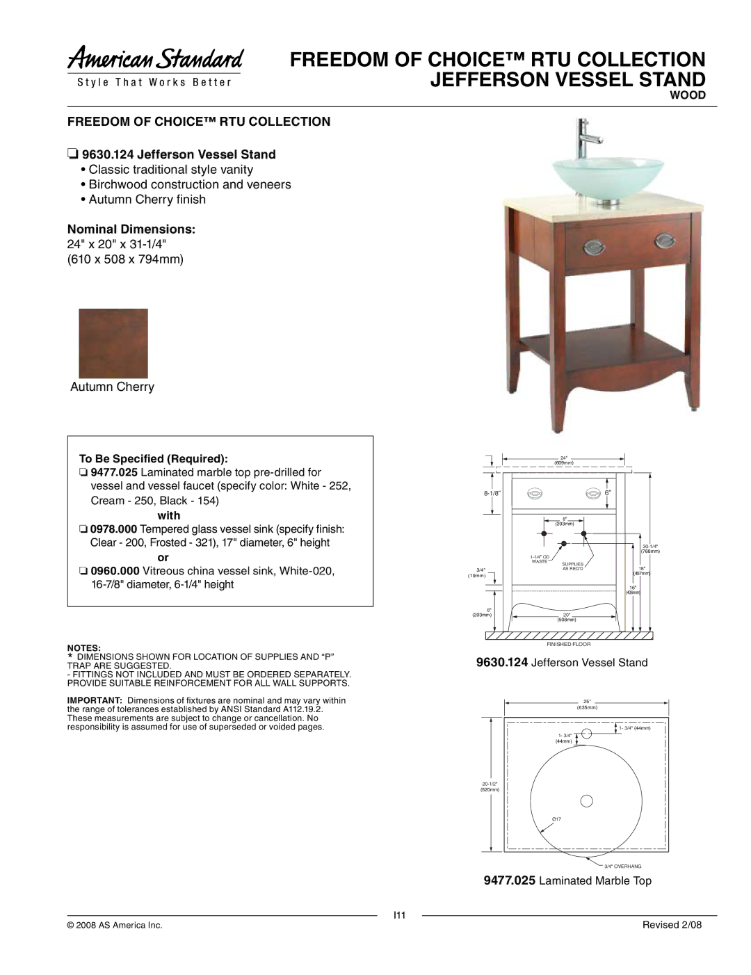 American Standard 9630.124 dimensions Freedom of Choice RTU Collection, Jefferson Vessel Stand 