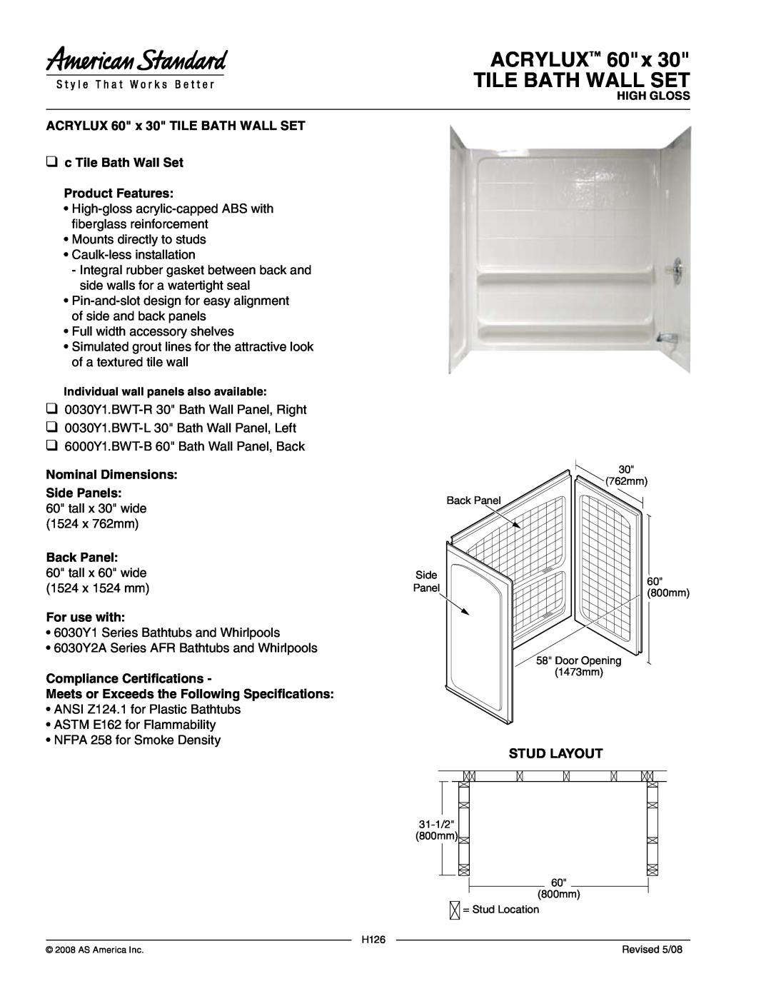 American Standard Acrylux 60"x 30 dimensions ACRYLUX 60 x TILE BATH WALL SET, Stud Layout, Nominal Dimensions, Back Panel 