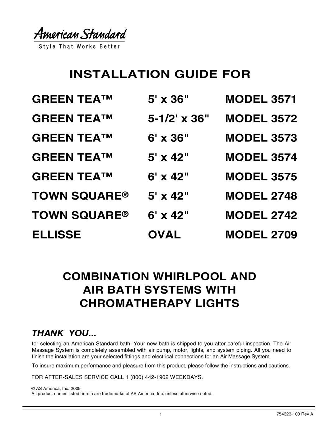 American Standard 754323-100 Rev A, American Standard bath manual Installation Guide for Green TEA 